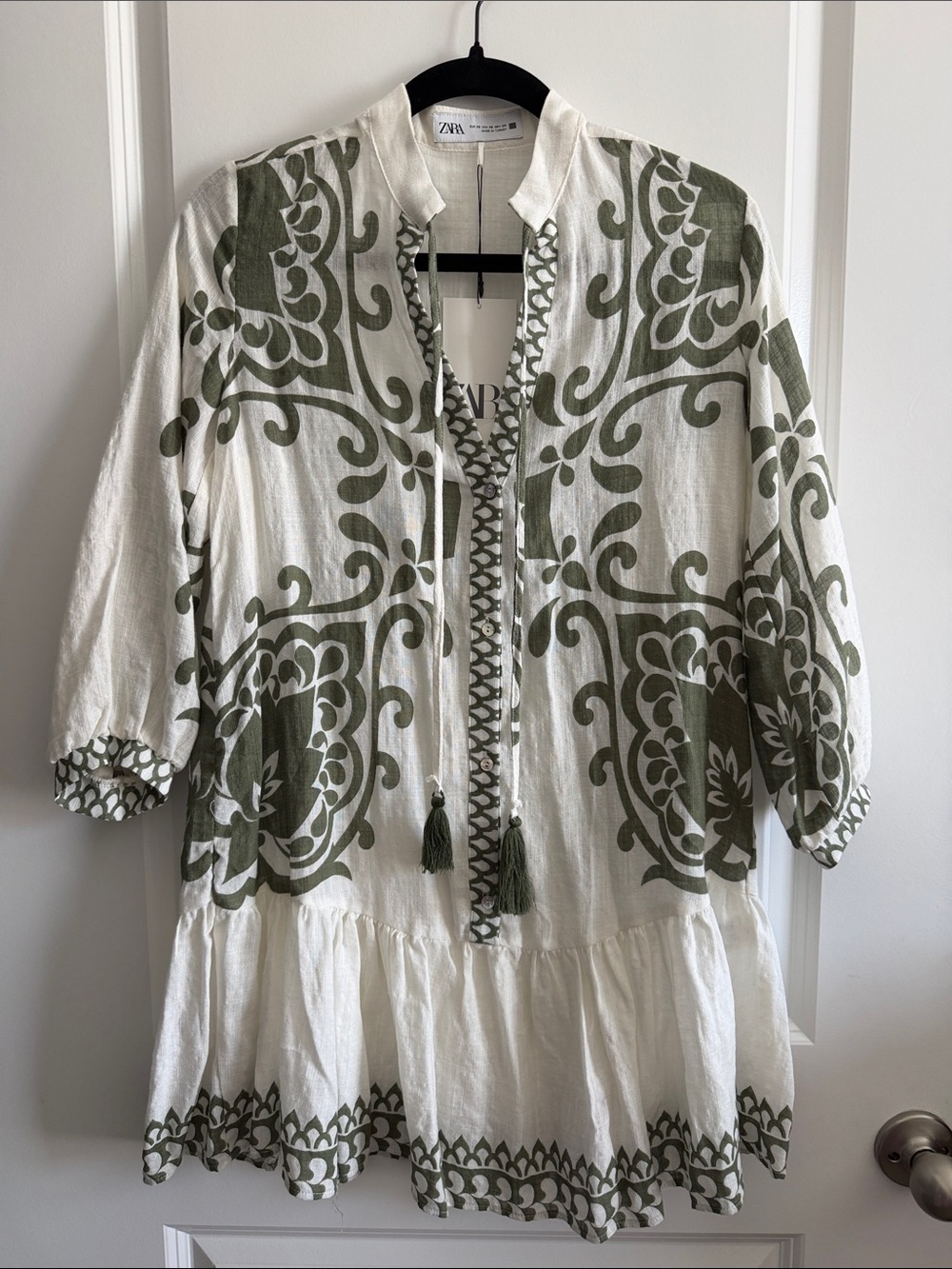 Zara Cream Tunic Mini with Olive Green Print XS NWT